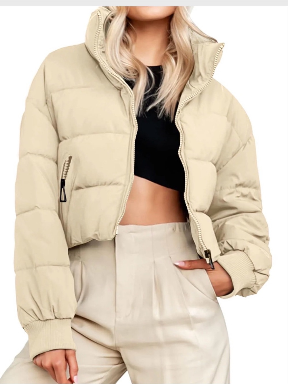 NWT MEROKEETY Women's Winter Cropped Puffer Jacket Long Sleeve Oversized Sz M